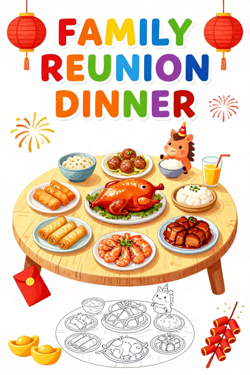 童趣水彩风：中式团圆年夜饭欢乐盛宴插画