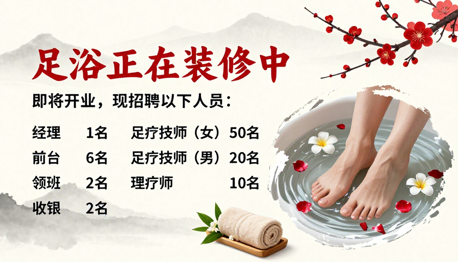 东方禅意足浴招聘海报：宁静雅致中寻觅专业人才