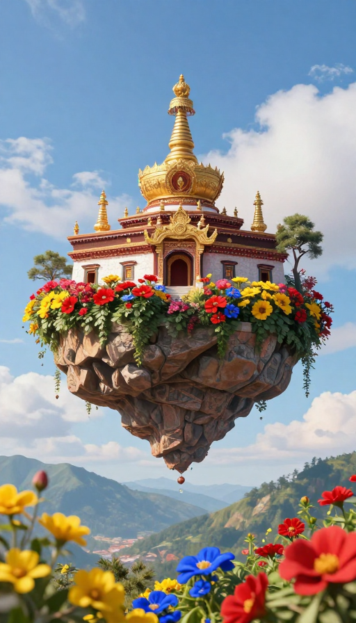 云端古刹：奇幻空中寺庙与斑斓花海