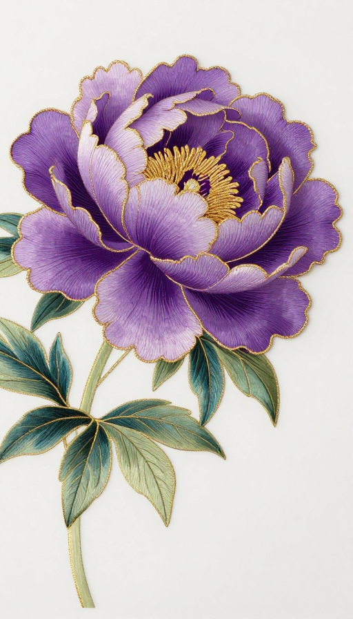 紫色大片牡丹花，金色绣线点缀，留白风格插画作品