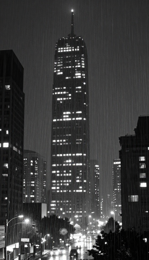雨夜孤城：摩天大楼的黑白诗意