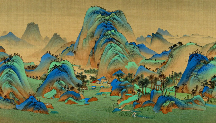 青绿山水长卷:工笔重彩的自然与人文交响