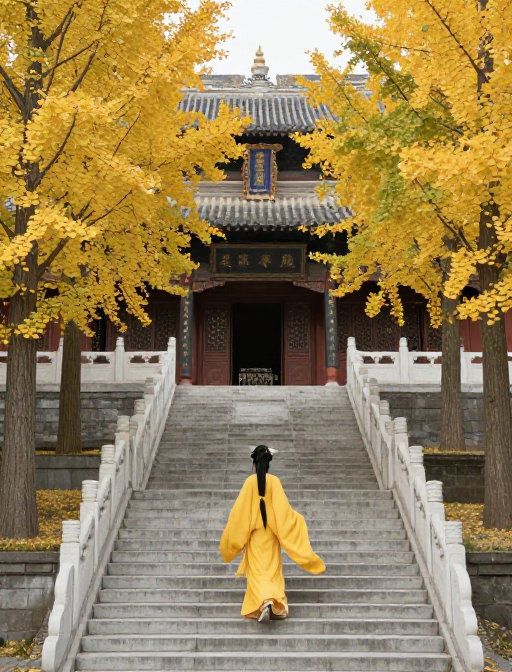 古建深秋:黄衣女子漫步千年银杏道