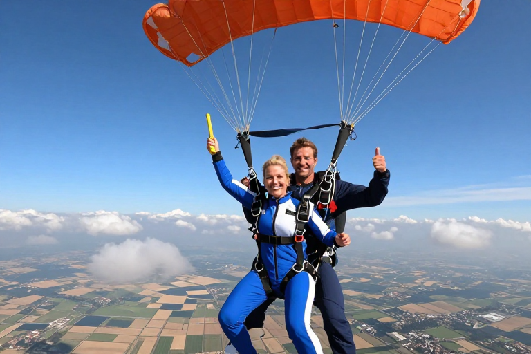 双人跳伞激情时刻：蓝天白云下的极限运动风采