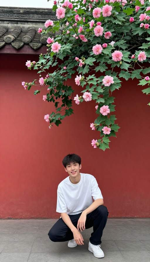 明风少年:成都古街芙蓉花间的笑颜