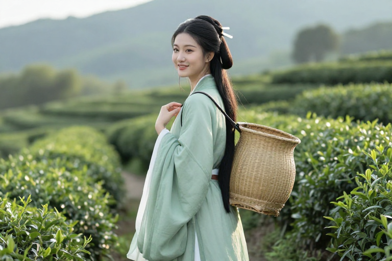 青翠茶香中回眸的汉服佳人:茶园光影瞬间