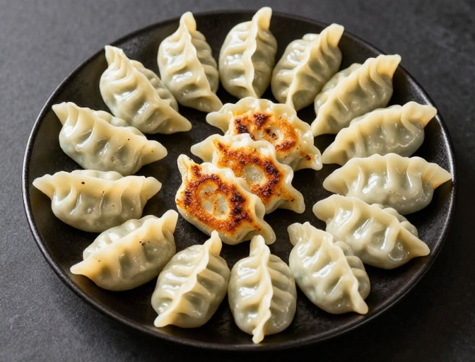 金黄煎饺俯拍特写,细腻质感彰显美食魅力