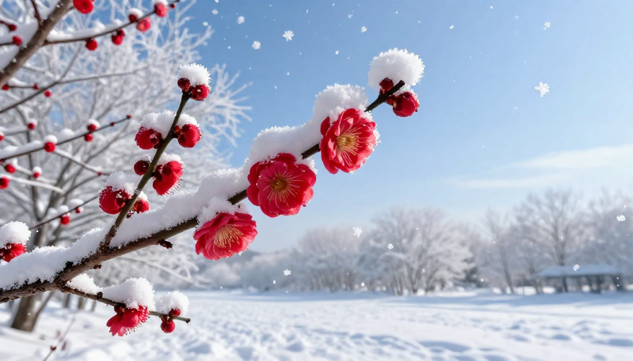 雪中红梅绽放：冬日暖意与冰雪交融的视觉盛宴