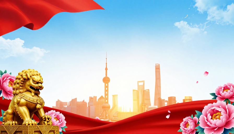 中国风现代党政宣传背景：红绸金狮牡丹绽放