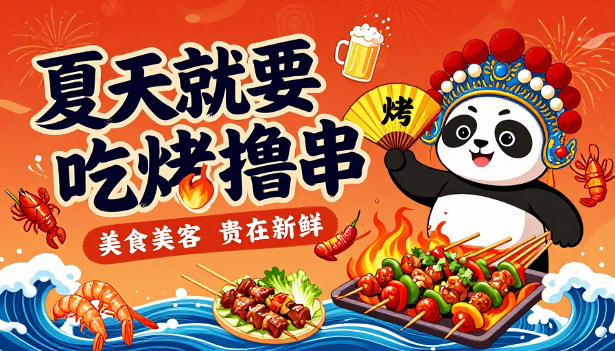 国潮夏日烧烤海报:熊猫举扇邀你尝鲜烤串
