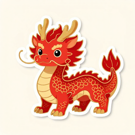 古风Q版红龙金色描边贴纸设计