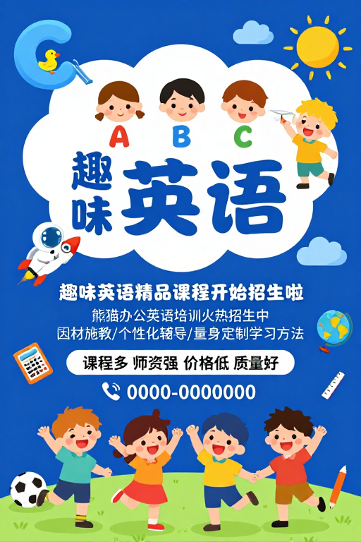 趣味英语课程招生:活泼扁平插画风海报设计