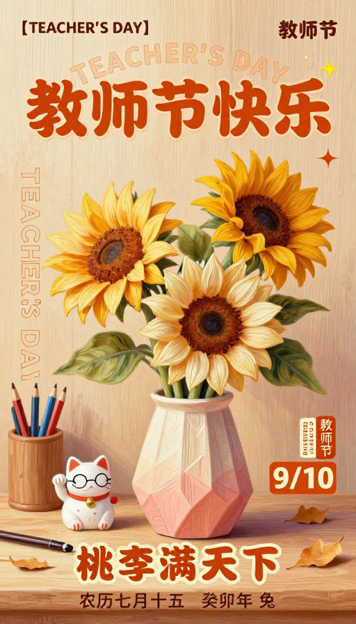 教师节手绘插画海报，暖橙色调与向日葵静物
