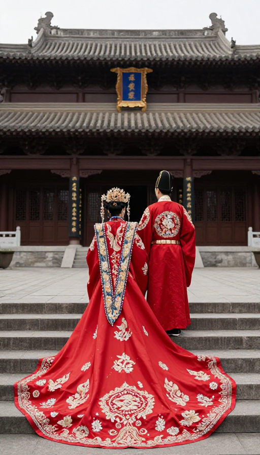 中式婚礼背影:凤冠霞帔与古建筑的唯美邂逅