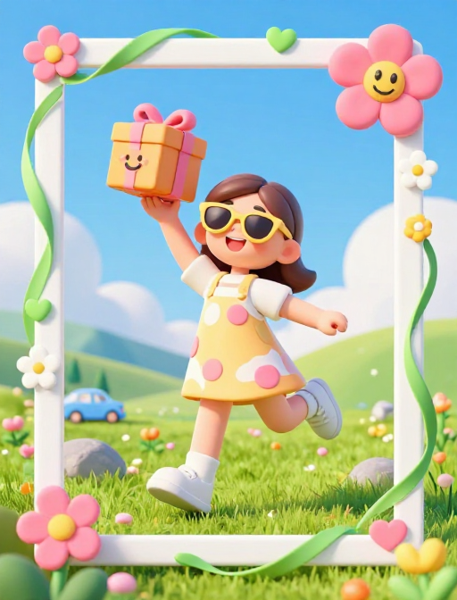 夏日狂欢：3D少女跃起举礼盒欢笑