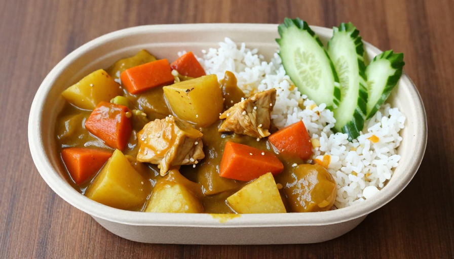 金黄咖喱鸡肉饭配脆嫩黄瓜丝，椭圆盒装美味佳肴