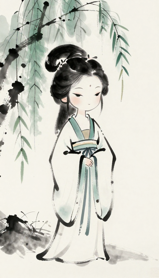 水墨Q版古典美人：朦胧月色下的柳树剪影