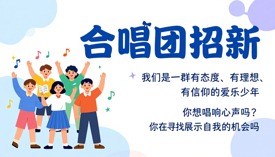 清新插画合唱团招新海报，童趣音乐氛围