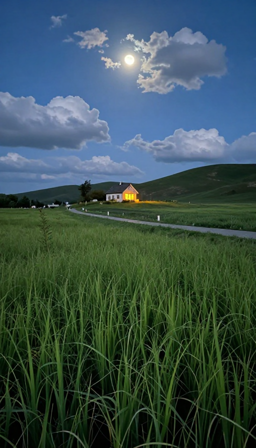 超写实夜景：月光下的治愈乡村小屋与草地