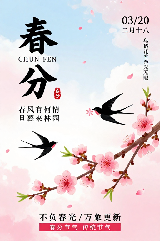 春分节气海报:水墨与插画融合的清新雅致