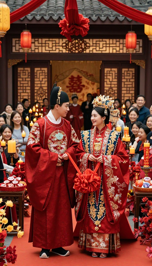 华丽中式婚礼:新郎新娘深情对视的喜庆瞬间