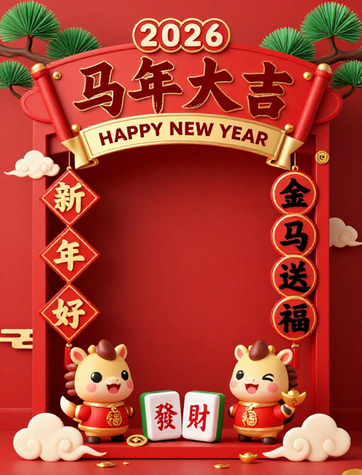 马年大吉新春海报:红金配色传统新年插画