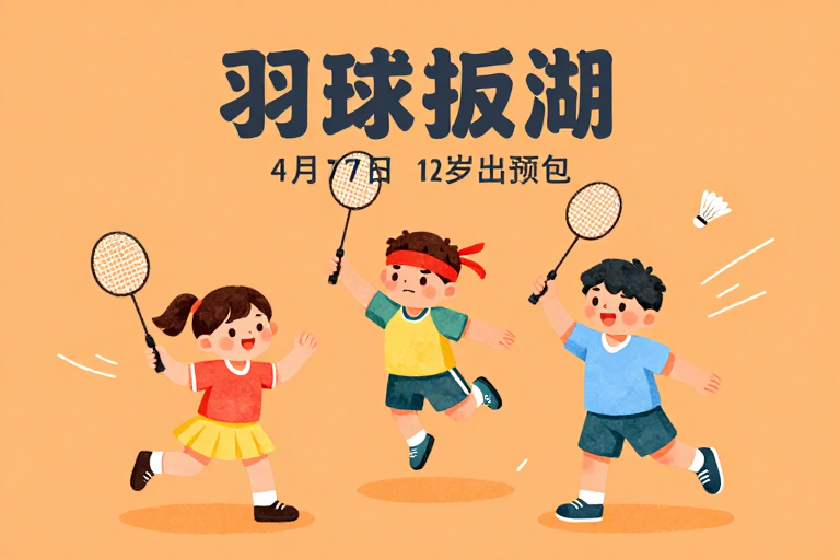 活力童趣·暖橙背景下的羽毛球动感瞬间