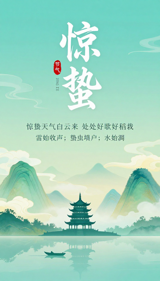 惊蛰青绿海报：水墨书法与春日山水意境
