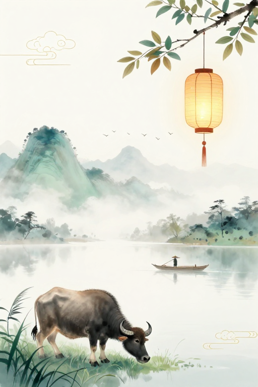 水墨留白·静谧水牛远山图