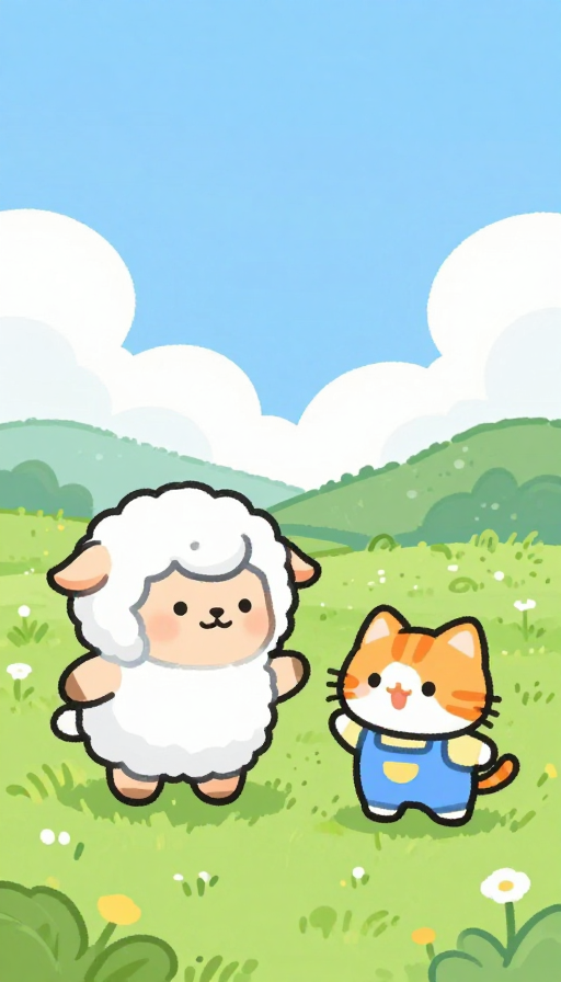 可爱拟人小羊小猫草原嬉戏的卡通插画