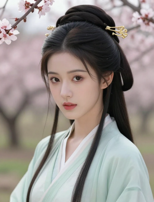 古韵桃林:美少女青衫入画