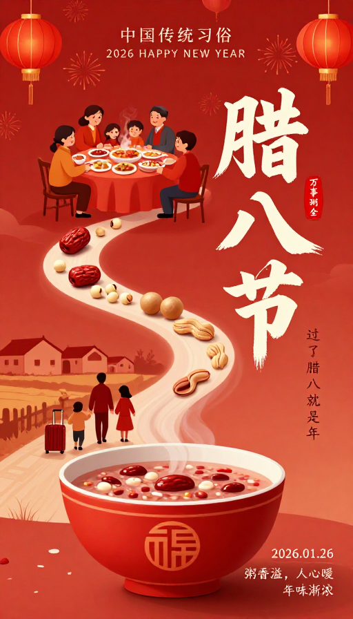 暖红腊八节·团圆年俗插画海报