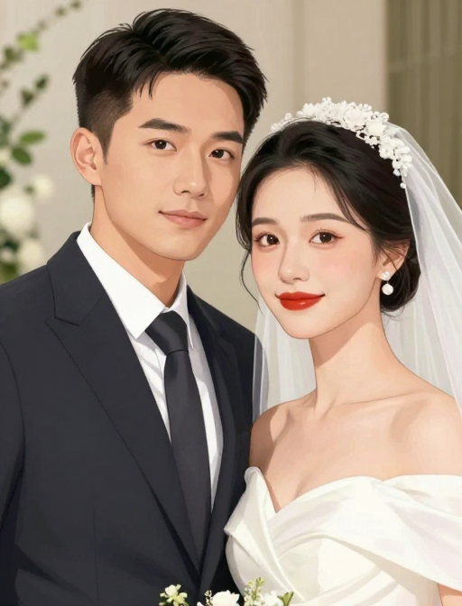 优雅婚礼:男女主角深情依偎的浪漫漫画立绘