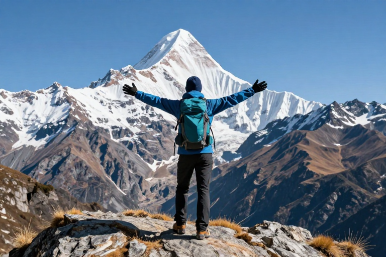 雪山之巅:背对镜头的登山者拥抱自然