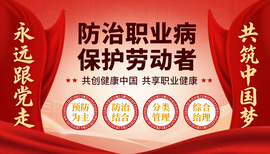 红色中式宣传海报：职业病防治与劳动者保护