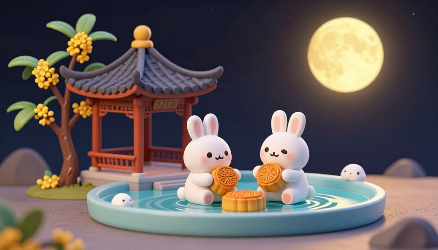 中秋3D卡通兔子吃月饼水上亭园夜景