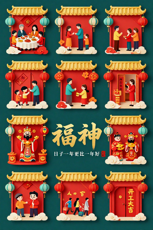 春节剪纸与立体插画融合的九宫格习俗海报