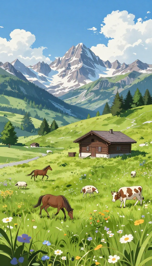 梦幻高山牧场:瑞士阿尔卑斯超广角动漫插画