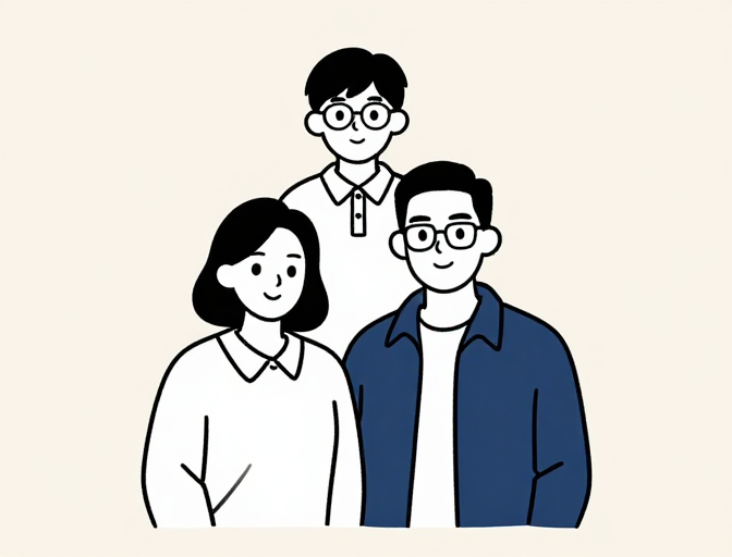 极简线条勾勒温馨三口之家中国风插画