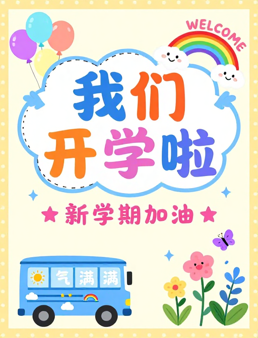 萌趣开学卡通海报，童趣满满欢乐校园风