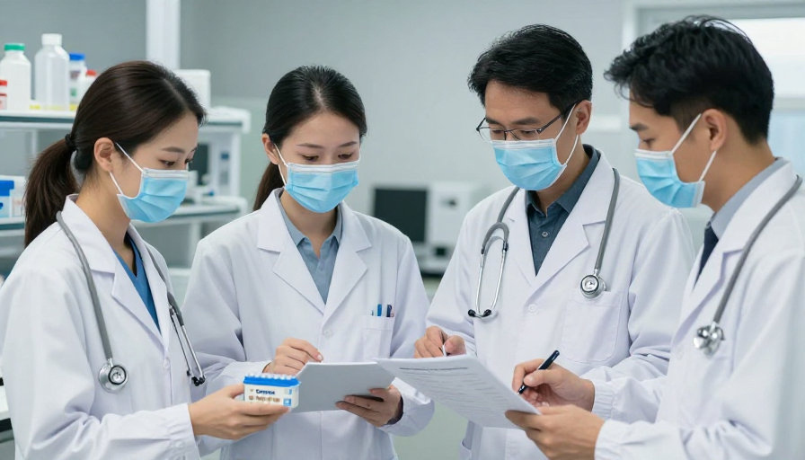 医疗科研场景，四位医护专注实验细节