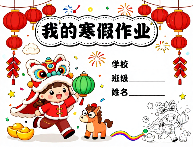 春节童趣寒假作业封面：手绘插画喜庆设计