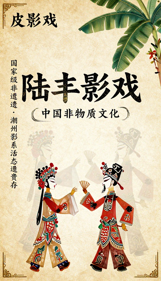 岭南非遗潮绣与皮影艺术海报：陆丰影戏与文化传承