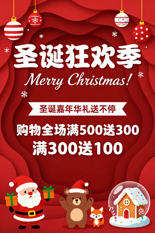 红色立体纸艺圣诞促销海报:狂欢季礼遇