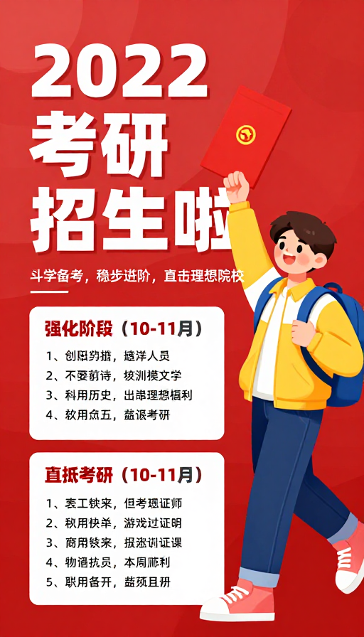 2022考研招生海报：活力红底卡通插图设计