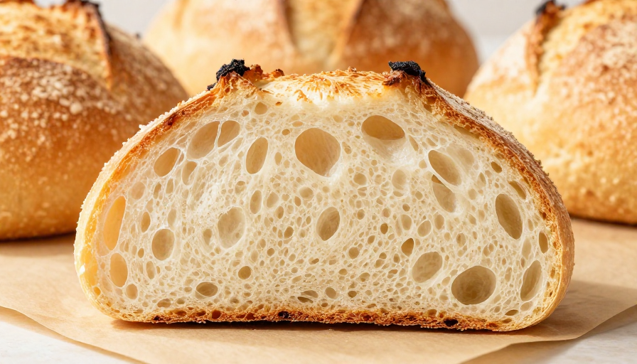 乡村面包横截面特写：金黄酥脆与蓬松气孔的完美呈现