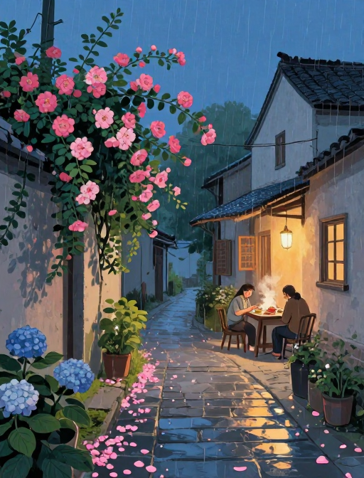 雨夜乡村小巷，花满庭院，家人团聚的温情插画