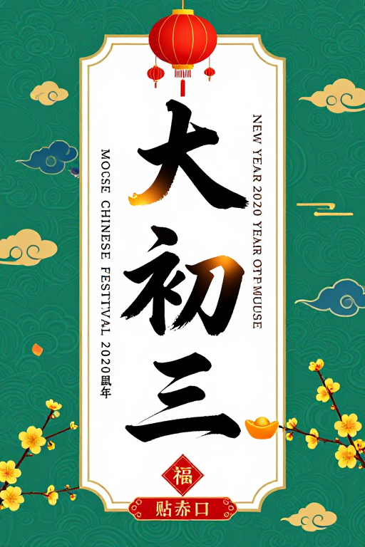 大年初三鼠年海报:传统书法与金色祥云的春节祝福