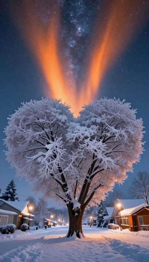 橙色极光映爱心雪树：梦幻玄幻夜景奇观