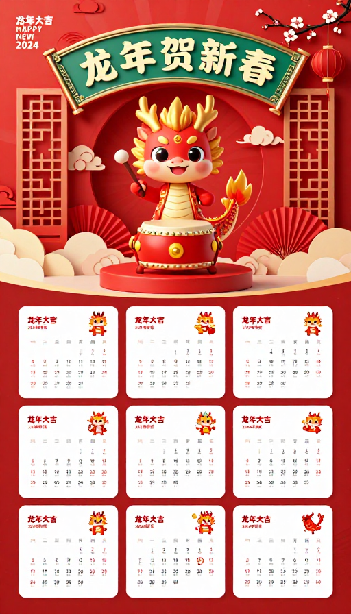 朱金墨绿传统风格龙年新年日历海报